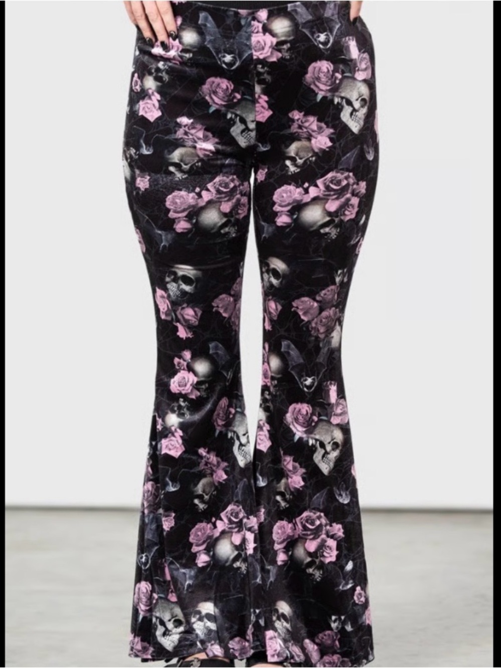 Killstar Black and Pink Skull & Rose Flared Bottoms